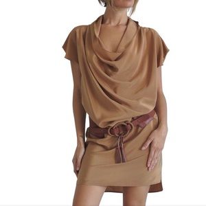 Seasatin silk crepe, camel dress size S